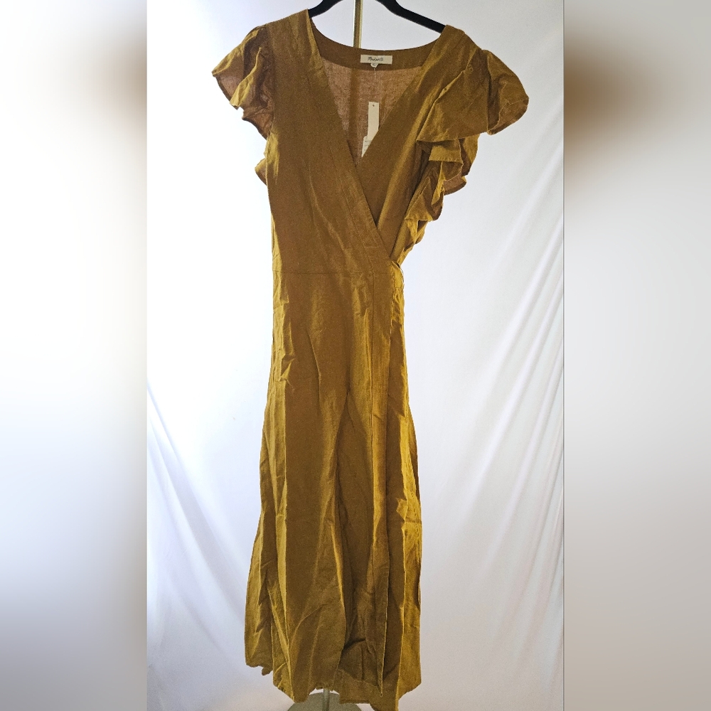 Madewell Linen-Blend Ruffle-Sleeve Wrap Midi Dress in Antique Gold